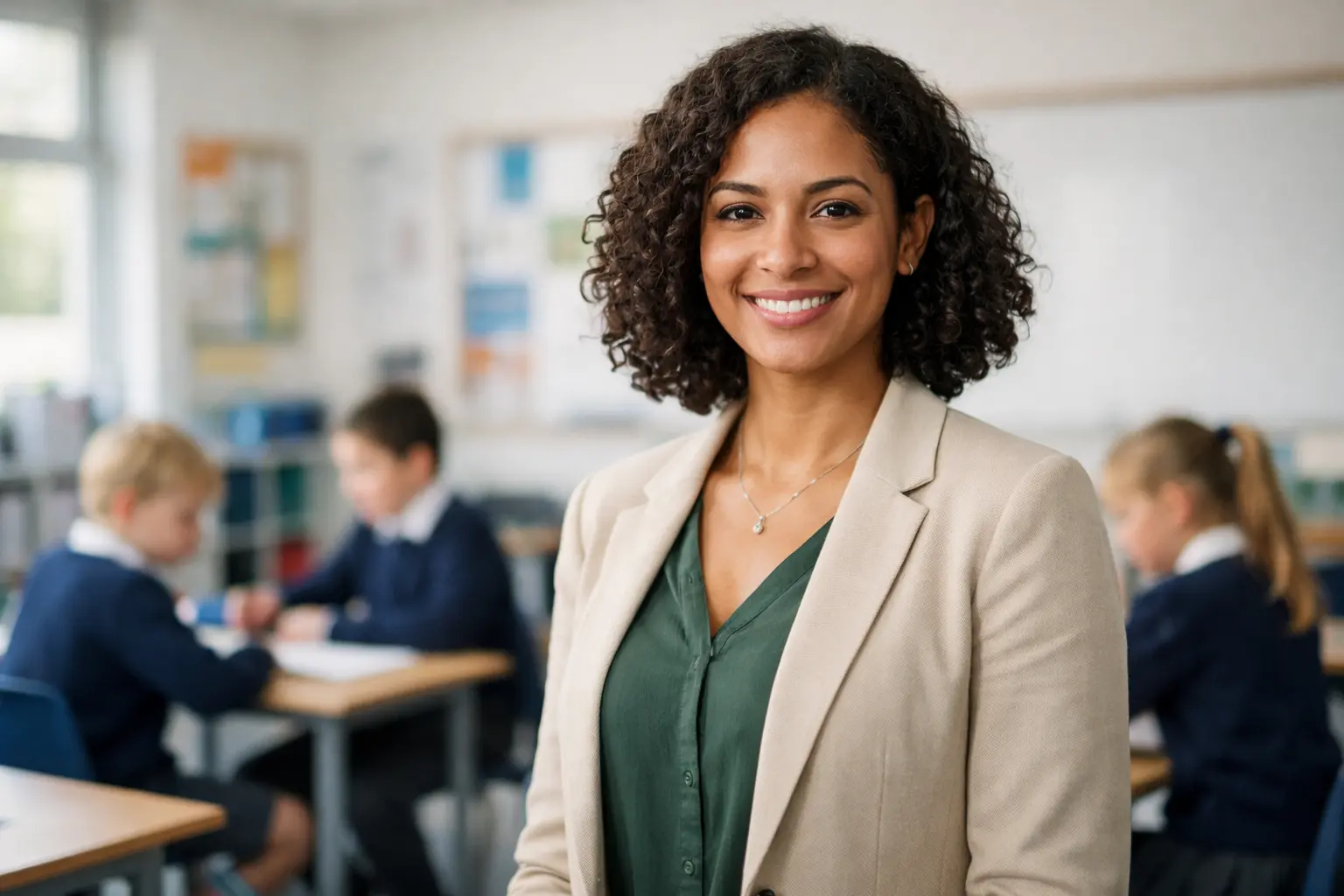 Smiling teacher in a UK classroom